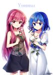  artist_name black_skirt bloom blue_eyes blue_hair copyright_name dress flower hinata_(yanderella) honoka_(yanderella) long_hair looking_at_viewer multiple_girls pink_eyes pink_hair rose short_hair skirt songmil white_dress yanderella 