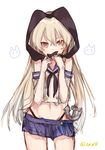  anchor ao68 bad_id bad_twitter_id black_panties blonde_hair covering_mouth elbow_gloves flat_chest gloves hairband highleg highleg_panties kantai_collection long_hair looking_at_viewer navel panties sailor_collar shimakaze_(kantai_collection) simple_background skirt underwear 