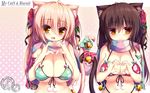  animal_ears bell black_hair blush bow breasts cat_ears cat_tail heart heart_hands highres jingle_bell large_breasts long_hair mia_flatpaddy multicolored multicolored_clothes multicolored_scarf multicolored_stripes multiple_girls open_mouth original pink_hair pom_pom_(clothes) scarf shared_scarf shia_flatpaddy striped striped_scarf syroh tail tail_bell tail_bow yellow_eyes 