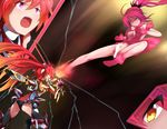  2girls ass censored cleavage_cutout cut-in fight fighting genderswap humanization iwabane_yuno kicking leotard mitsuka_souji multiple_girls open_mouth ore_twintail_ni_narimasu osatanosatan personification phoenix_guildy pink_eyes pink_hair ponytail sword tail_red tailred thighhighs weapon 