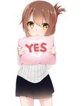  3: akky_(akimi1127) brown_hair cowboy_shot folded_ponytail heart heart-shaped_pupils highres inazuma_(kantai_collection) kantai_collection looking_at_viewer pillow ribbed_sweater short_hair simple_background solo sweater symbol-shaped_pupils white_background yellow_eyes yes yes-no_pillow 