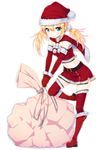  belt blonde_hair blue_eyes boots capelet detached_sleeves fur_boots fur_collar fur_trim gloves hat highres knee_boots leg_up long_hair looking_at_viewer low_twintails midriff navel red_footwear red_gloves red_legwear sack santa_boots santa_costume santa_hat simple_background skirt solo standing standing_on_one_leg thighhighs twintails white_background zettai_ryouiki zizi_(zz22) 