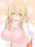  :d apron breasts brown_eyes brown_hair heart kokuto_adk large_breasts leaning_forward long_hair open_mouth ribbed_sweater smile solo sunohara_ayaka sunoharasou_no_kanrinin-san sweater turtleneck 