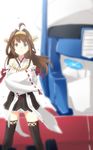  &gt;:) admiral_(kantai_collection) ahoge autobot black_legwear blurry brown_eyes brown_hair commentary crossed_arms crossover depth_of_field detached_sleeves engiyoshi gunbuster_pose hairband hat kantai_collection kongou_(kantai_collection) long_hair mecha nontraditional_miko optimus_prime parody peaked_cap pleated_skirt revision ribbon-trimmed_sleeves ribbon_trim skirt smile standing thighhighs top_wo_nerae! transformers v-shaped_eyebrows wind zettai_ryouiki 