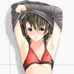  armpits arms_up bangs blush braid brown_hair collarbone giba_(out-low) green_eyes hair_between_eyes long_sleeves looking_at_viewer open_mouth original shadow short_hair solo sports_bra sweat twin_braids undressing upper_body 