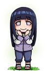  bangs blunt_bangs boots chibi clenched_hands eyebrows_visible_through_hair forehead_protector full_body hyuuga_hinata konohagakure_symbol long_hair long_sleeves naruto naruto_(series) naruto_shippuuden ninja no_pupils open_toe_shoes oreshika simple_background smile solo standing toeless_boots white_background 