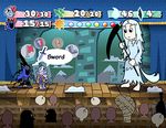 2boys armor artorias_the_abysswalker audience berenike_knight cape chin_stroking chosen_undead dark_souls fake_screenshot full_armor gameplay_mechanics helmet holding holding_sword holding_weapon horns knight long_hair mario_(series) monster_girl multiple_boys paper_mario parody priscilla_the_crossbreed setz snow souls_(from_software) style_parody super_mario_bros. sword tail theater thinking weapon white_hair xanthous_king_jeremiah 