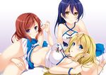  ayase_eli bare_shoulders blonde_hair blue_eyes blue_hair blush breasts earrings hair_down hand_on_another's_head hino_minato_(spec.c) jewelry long_hair looking_at_viewer love_live! love_live!_school_idol_project lying medium_breasts midriff multiple_girls navel nishikino_maki on_back race_queen red_hair short_hair skirt sonoda_umi 
