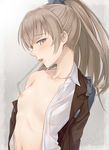  blue_eyes brown_hair collarbone drinking_straw flat_chest kanden_suki kantai_collection kumano_(kantai_collection) long_hair looking_at_viewer mouth_hold navel nipples open_clothes open_shirt ponytail shirt solo twitter_username upper_body 