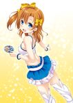  :d bare_shoulders blue_eyes blush boots bow bracelet cd earrings hair_bow hino_minato_(spec.c) jewelry kousaka_honoka love_live! love_live!_school_idol_project midriff one_side_up open_mouth orange_hair race_queen short_hair skirt smile solo standing thigh_boots thighhighs white_footwear white_legwear yellow_background 