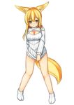  animal_ears blonde_hair breasts cleavage_cutout covered_nipples covering covering_crotch embarrassed fox_ears fox_tail green_eyes highres himeka_chiyako large_breasts long_hair meme_attire minaha_(playjoe2005) naked_sweater open-chest_sweater original solo sweater tail wavy_mouth 