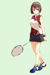  alternate_costume aqua_background badminton_racket brown_eyes brown_hair full_body green_background highres kantai_collection looking_at_viewer natori_(kantai_collection) racket sahuyaiya shirt shoes short_hair shorts simple_background sleeveless sleeveless_shirt sneakers solo sportswear standing sweatband tennis_uniform 