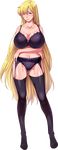  1girl aino_minako bishoujo_senshi_sailor_moon black_bra black_panties blonde_hair blue_eyes blush bra breasts cleavage crossed_arms feet full_body garter_belt garter_straps highres huge_breasts legs long_hair looking_at_viewer mario_(artist) navel panties sailor_venus simple_background smile solo standing team-tanabe thighhighs thighs toes underwear white_background 