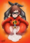  artist_name bodysuit breasts brown_hair butcha-u censored clip clitoris clitoris_torture covered_nipples cum cum_in_pussy cum_pool dated elastigirl erect_clitoris flexible folded frown helen_parr latex legs_over_head lips mask mature medium_breasts novelty_censor pretzel_pose pussy restrained short_hair skin_tight solo the_incredibles 
