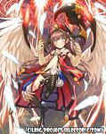  bird_wings blue_eyes brown_hair claws dress facial_tattoo feathers flat_chest hat long_hair looking_at_viewer midriff monster_girl navel patricia_(stylish_marunage) red_dress revealing_clothes solo tattoo very_long_hair wings wixoss 