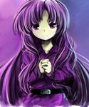 androgynous bad_id bad_twitter_id belt capelet clause coat expressionless hands_clasped len'en long_hair necktie own_hands_together portrait purple_background purple_eyes purple_hair solo 