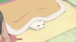  1girl animated animated_gif black_eyes black_hair blanket book cat glasses indoors kotatsu lying minakami_mai nichijou on_stomach running sweater table tail tail_grab tatami 