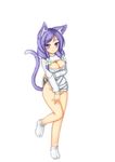  animal_ears breasts cat_ears cat_tail cleavage_cutout covered_nipples flower hair_flower hair_ornament hairclip haruakira_rika highres large_breasts meme_attire minaha_(playjoe2005) naked_sweater open-chest_sweater original purple_eyes purple_hair smile solo sweater tail 