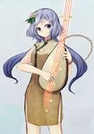  alternate_costume biwa_lute chain chinese_clothes flower hair_flower hair_ornament instrument long_hair lute_(instrument) musical_note purple_eyes purple_hair smile solo touhou tsukumo_benben twintails ys_(fall) 