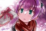  blue_eyes blush box coat gift gift_box giving hair_ornament kantai_collection looking_at_viewer out_of_frame pink_hair ponytail pov r-king red_scarf scarf shiranui_(kantai_collection) short_ponytail solo_focus twitter_username winter_clothes 