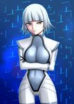  bodysuit breast_hold breasts crossed_arms impossible_clothes large_breasts miniskirt_pirates navel quartz_christie short_hair silver_hair solo vision_(artist) yellow_eyes 