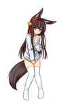  animal_ears bell black_hair covering covering_breasts covering_crotch embarrassed fox_ears fox_tail hair_bell hair_ornament highres long_hair meme_attire minaha_(playjoe2005) naked_sweater open-chest_sweater orange_eyes original solo sweater tail tamani_wakashi thighhighs wavy_mouth 