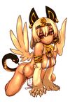  31107029 all_fours animal_ears blonde_hair bracelet breasts cleavage dark_skin ear_piercing earrings egyptian gold hairband highres jewelry loincloth medium_breasts monster_girl neck_ring necklace o-ring o-ring_top original paws piercing puzzle_&amp;_dragons short_hair smile snake snake_tail solo sphinx tail uraeus wings yellow_eyes 