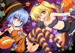 :d animal_ears armpits bare_shoulders blush cat_ears claw_pose fang flandre_scarlet gin'you_haru gloves grin halloween hat jack-o'-lantern looking_at_viewer midriff miniskirt multiple_girls navel open_mouth orange_eyes paw_pose pleated_skirt purple_gloves red_eyes remilia_scarlet short_hair side_ponytail skirt smile striped striped_legwear touhou witch_hat 