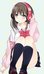  black_legwear blue_eyes blush bow brown_hair cardigan headphones kneehighs knees_up legs_together long_hair mikan_no_shiru original school_uniform sitting skirt solo 