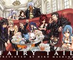  breasts cana_alberona charle_(fairy_tail) cleavage cup dress elfman_strauss erza_scarlet everyone fairy_tail formal gajeel_redfox gray_fullbuster happy_(fairy_tail) ice juvia_loxar large_breasts lucy_heartfilia mashima_hiro mirajane_strauss natsu_dragneel necktie official_art pantherlily sleeveless sleeveless_dress suit sunglasses table tattoo tie wendy_marvell wine_glass 