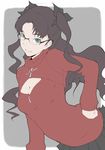  black_hair fate/stay_night fate_(series) glasses hand_on_hip ina_(gokihoihoi) long_hair meme_attire open-chest_sweater simple_background skirt solo sweater toosaka_rin two_side_up 