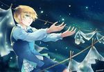  blonde_hair bow bowtie frills green_eyes male_focus night night_sky open_mouth outstretched_arms oz_vessalius pandora_hearts shorts sky solo star_(sky) starry_sky vest wavewhisper 