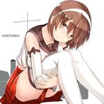  breasts brown_eyes brown_hair detached_sleeves hairband head_tilt kantai_collection large_breasts leg_hug looking_at_viewer natori_(kantai_collection) school_uniform serafuku short_hair sitting skirt smile solo sts thighhighs twitter_username white_background white_hairband white_legwear 