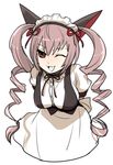  5-502 ;d akiha_rumiho apron arms_behind_back drill_hair grin maid maid_headdress no_legs one_eye_closed open_mouth pink_eyes pink_hair smile solo steins;gate twin_drills twintails waist_apron waitress 