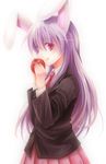  :q animal_ears apple bunny_ears ebibibibibi food fruit holding holding_food holding_fruit long_hair purple_hair red_eyes reisen_udongein_inaba solo tongue tongue_out touhou 