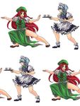  blue_eyes braid china_dress chinese_clothes cup dress green_eyes hat hong_meiling izayoi_sakuya long_hair maid mary_janes miero multiple_girls red_hair shoes short_hair silver_hair tea teacup teapot tileable touhou tray twin_braids 