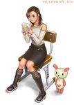  bare_shoulders boots brown_eyes brown_hair chair detached_sleeves earrings game_boy halterneck handheld_game_console jewelry original ryu_(ryu's_former_site) sitting skirt solo 