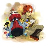  blue_eyes boots claw_hammer fossil gem gen_4_pokemon glasses gloves gym_leader hammer heart_scale helmet hyouta_(pokemon) male_focus mikami pokemon pokemon_(creature) pokemon_(game) pokemon_dppt probopass red_eyes red_hair revive sitting sphere tools 