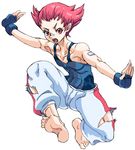  abs bandaid barefoot feet fingerless_gloves flat_chest full_body gloves gym_leader hands open_mouth patch pink_hair pokemon pokemon_(game) pokemon_dppt red_eyes short_hair simple_background solo sumomo_(pokemon) teruki toned torn_clothes white_background 