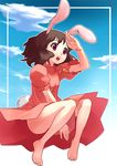  animal_ears bad_id bad_pixiv_id barefoot brown_hair bunny_ears carrot feet hakuchi hands inaba_tewi jewelry pendant red_eyes short_hair solo touhou 
