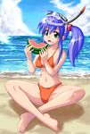  barefoot beach bikini blue_hair cloud day diving_mask feet food food_on_face fruit green_eyes holding holding_food holding_fruit indian_style long_hair mikagami_sou original outdoors side_ponytail sitting snorkel solo swimsuit watermelon 