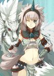  armor blue_eyes breasts cleavage cleavage_cutout elbow_gloves gloves hairband horn kirin_(armor) kirin_(monster_hunter) matsumoto_mitsuaki medium_breasts midriff monster_hunter navel one_eye_closed short_hair silver_hair solo wide_hips 