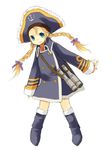 :3 anchor_symbol binoculars blonde_hair blue_eyes blue_footwear blue_hat boots braid buttons child frilled_hat frills full_body hair_ribbon hat knee_boots legs_apart long_hair long_sleeves patty_fleur pirate_hat purple_ribbon ribbon simple_background smile solo tales_of_(series) tales_of_vesperia twin_braids white_background yuzuki_(yuduame) 