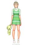  artist_name blonde_hair dress expressionless full_body green_dress no_shoes original ryu_(ryu's_former_site) short_hair short_sleeves simple_background socks solo standing striped striped_dress stuffed_animal stuffed_toy teddy_bear white_background 