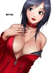  bare_shoulders blue_eyes blue_hair bodysuit breasts center_opening cleavage collar fingernails hand_on_own_chest large_breasts lips lipstick makeup nail_polish original ryu_(ryu's_former_site) shiny shiny_skin simple_background solo unzipped zipper 