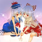  :d :o bad_id bad_pixiv_id beret blush fujiwara_no_mokou hat kamishirasawa_keine long_sleeves multi-tied_hair multiple_girls ofuda open_mouth pants parted_lips red_eyes silver_hair sitting smile takamura tate_eboshi touhou wariza 