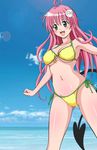  armpits bare_shoulders beach bikini blush day green_eyes highres lala_satalin_deviluke lens_flare long_hair non-web_source outdoors peke pink_hair side-tie_bikini solo star swimsuit tail to_love-ru vector_trace 