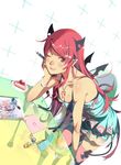  bare_shoulders bat_wings blush cake food fruit highres long_hair one_eye_closed original pastry red_eyes red_hair solo strawberry tail thighhighs vofan wings zettai_ryouiki 