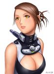  breasts brown_hair cleavage controller large_breasts original parted_lips ryu_(ryu's_former_site) short_hair solo system_console yellow_eyes 