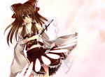  bad_id bad_pixiv_id bow detached_sleeves gohei hair_bow hakurei_reimu hinayu long_sleeves looking_at_viewer magic red_skirt simple_background skirt solo stick touhou vest white_background 